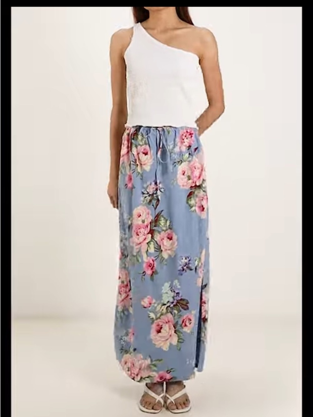GAP NWT Blue Pink Floral Linen-Blend Midi Skirt Slit Size M